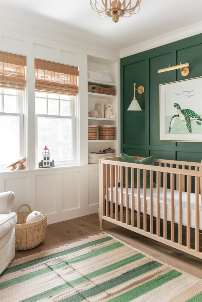Nautical coastal nursery inspiration with a deep green paneled accent wall styled with framed marine life sea turtle artwork, natural wood crib, striped green and sand rug, and woven Roman shades. Built-in white shelving displays baskets and toys, while brass sconces and a modern light fixture add polished preppy detail. The overall look blends classic nautical structure with playful coastal charm.