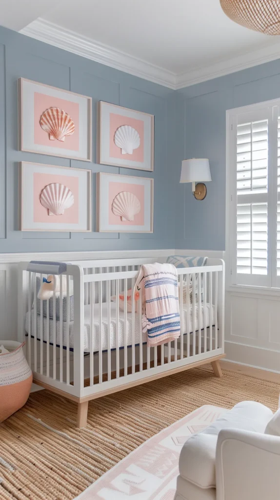 Coastal nursery inspiration with soft blue paneled walls, framed seashell wall art in blush pink, white crib, woven jute rug, plantatio shutters, and brass sconce lighting for a chic seaside baby room.