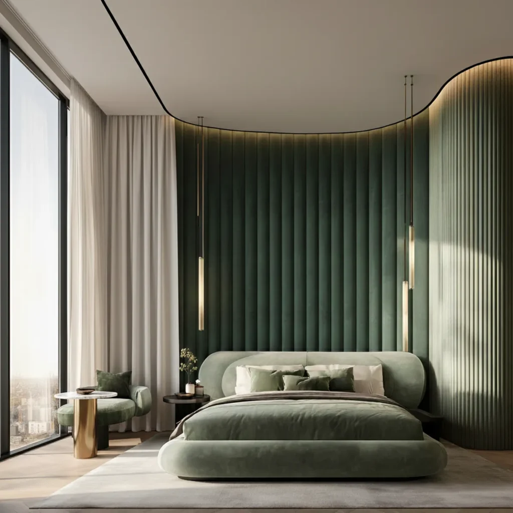 Cocooning bedroom design with curved, floor-to-ceiling upholstered velvet wall panels in deep green, creating a soft, wraparound headboard feature inspired by luxury hotel suites and modern fabric-wrapped cocoon walls.