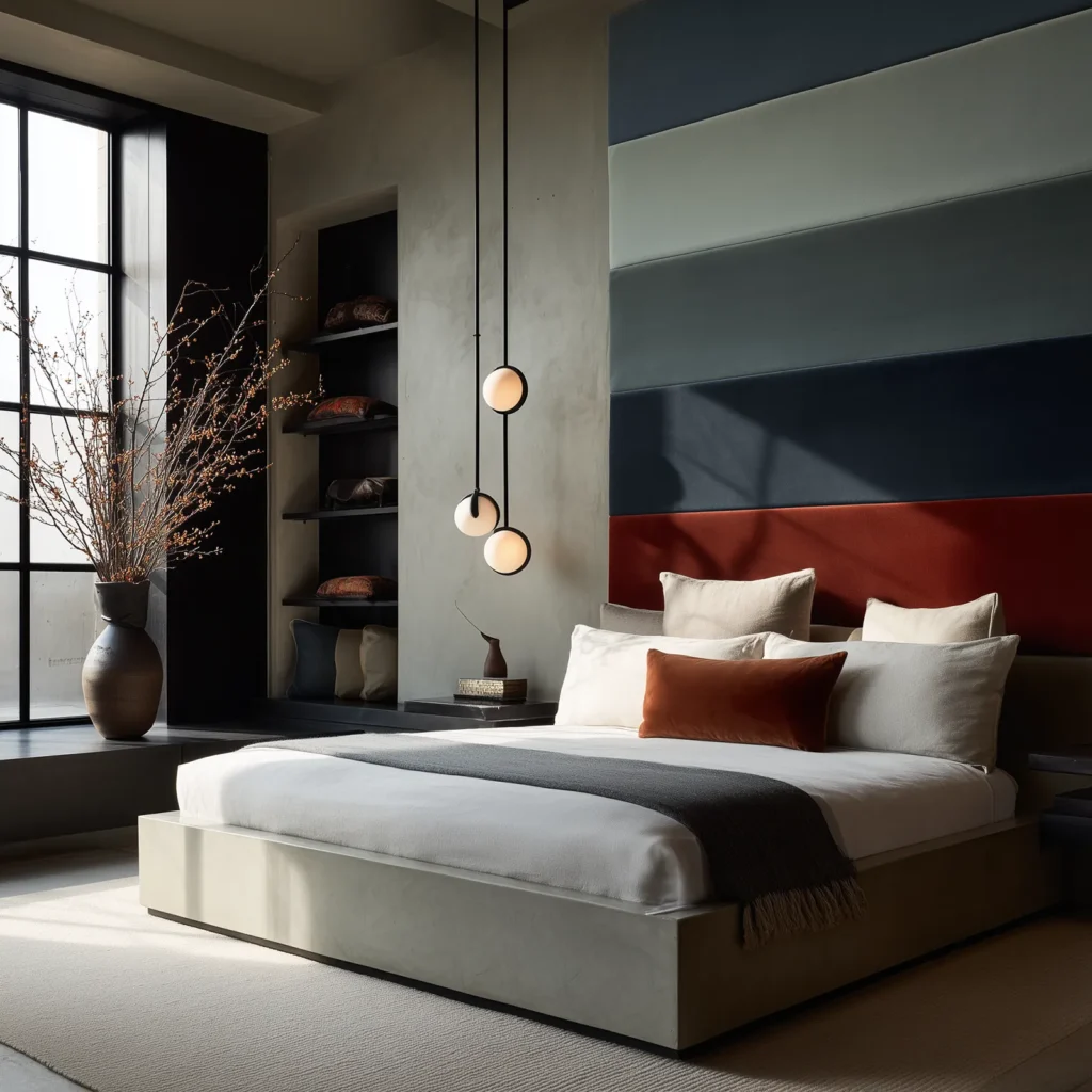 Modern bedroom with horizontal color-block upholstered headboard panels in deep navy, gray, and rust, styled with neutral bedding, sculptural pendant lighting, and built-in shelving. A luxury, design-forward look for contemporary headboard wall inspiration.