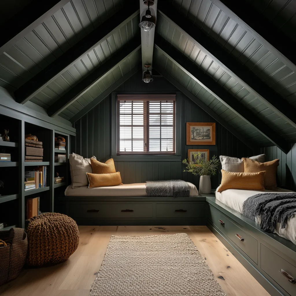 Cozy cottage attic bedroom with green shiplap walls and ceiling, built-in twin beds with storage drawers, warm wood floors, woven rug, and natural light from a central window.