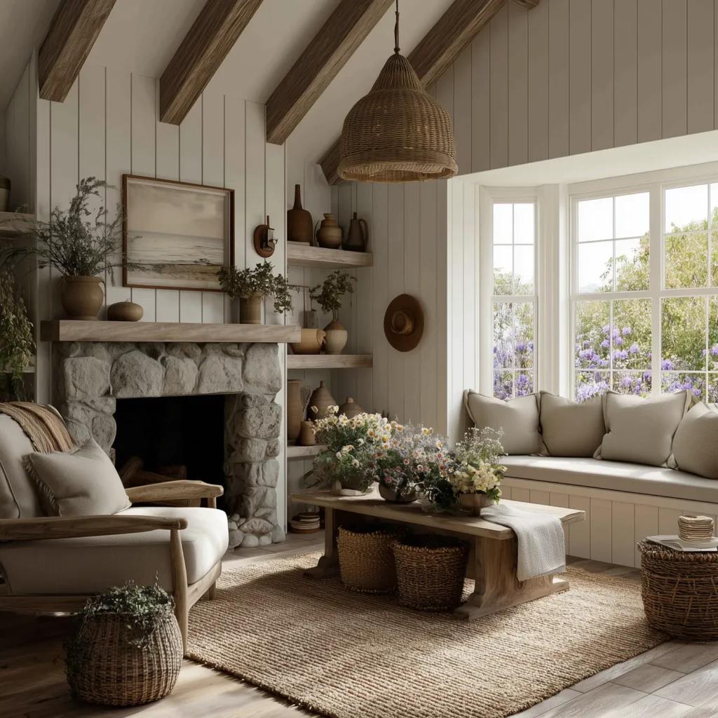 Cozy modern cottagecore living room with fireplace and natural light highlighting earthy tones and rustic décor with flowers and pottery.