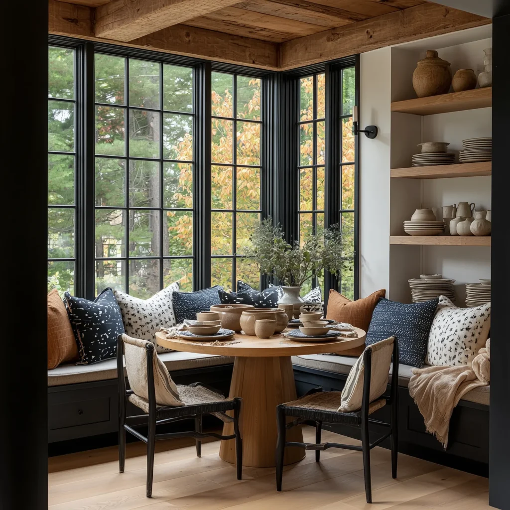 Cozy cottage breakfast nook with black-framed windows overlooking fall foliage, built-in bench seating filled with patterned throw pillows, a round wooden dining table set with pottery dishes, and open wood shelving with pottery and dishes under a rustic beamed ceiling.
