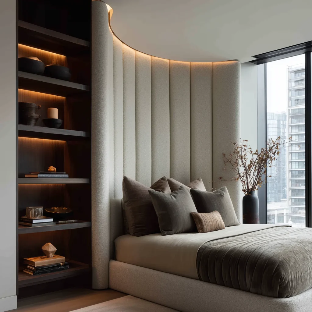 Modern bedroom with a curved cream upholstered headboard wall featuring fluted vertical textured panels and soft LED cove lighting, accented by built-in dark wood shelves and layered taupe bedding.