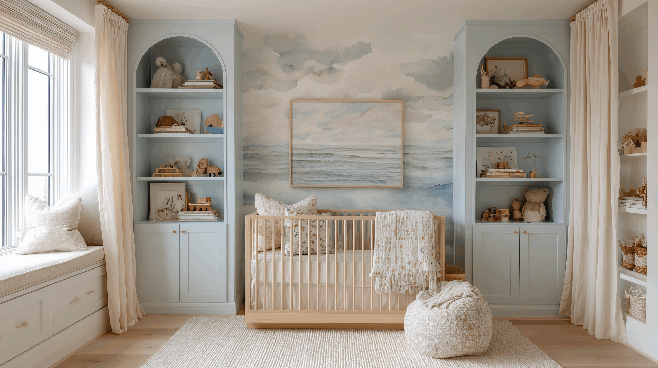 Coastal nautical nursery with a watercolor ocean mural, light wood crib, and built-in blue cabinetry, featuring soft neutral textiles, natural wood toys, and serene seaside colors for a calm, timeless baby room design