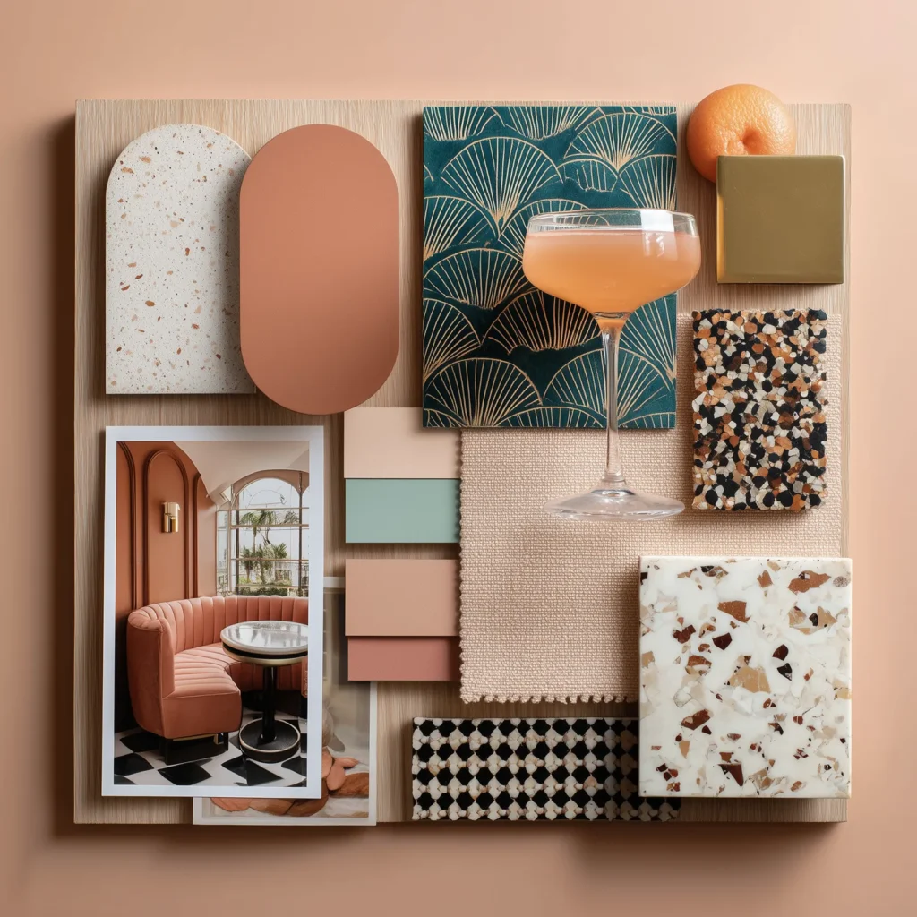 Desert Deco Palm Springs color palette featuring warm terracotta, blush, sage green, teal, terrazzo stone, textured plaster, woven neutrals, and a soft peach cocktail styled as an Art Deco–inspired desert modern flat lay.