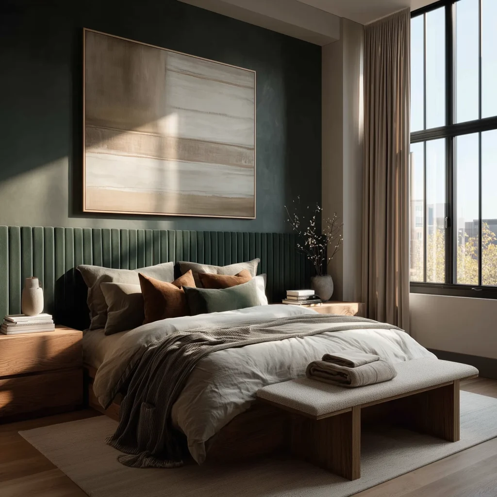Earthy organic modern bedroom with a deep green upholstered headboard wall, vertical panel detailing, layered neutral bedding, warm wood nightstands, and soft natural light from large windows.