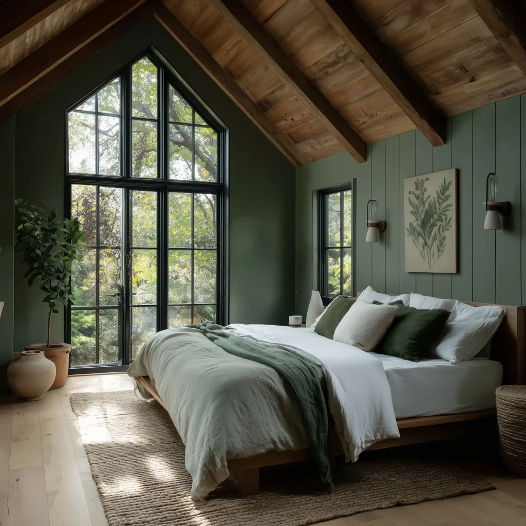 Modern cottagecore bedroom with sage green walls, exposed wood beam ceiling, soft neutral bedding, and natural textures, creating a cozy yet refined cottage-inspired retreat.