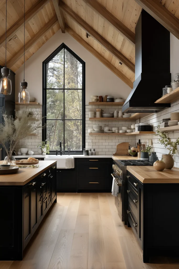 Earthy Cottagecore kitchen with natural wood ceiling beams, matte black cabinets, farmhouse sink, and open shelving styled with ceramic dishes — a modern rustic interior blending warmth and minimalism.