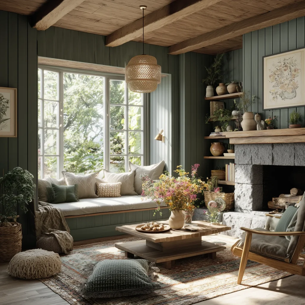 Earthy Cottagecore aesthetic living room with sage green beadboard walls, rustic stone fireplace, wood ceiling beams, and cozy window seat filled with pillows — decorated with natural textures, greenery, and vintage-inspired details.