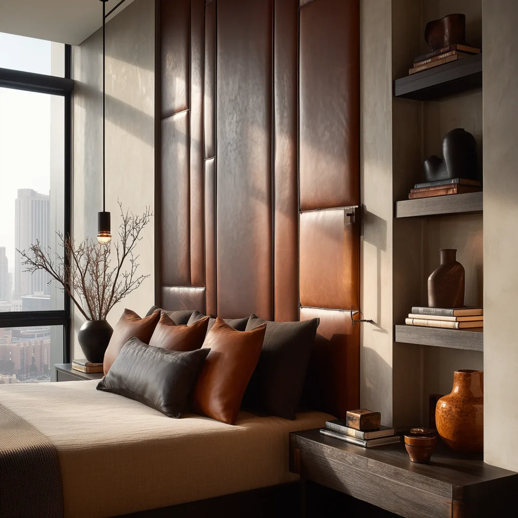 Earthy modern bedroom with a tall leather upholstered headboard wall made of stitched vertical panels, styled with warm brown bedding, dark wood shelves, and sculptural ceramic accents.