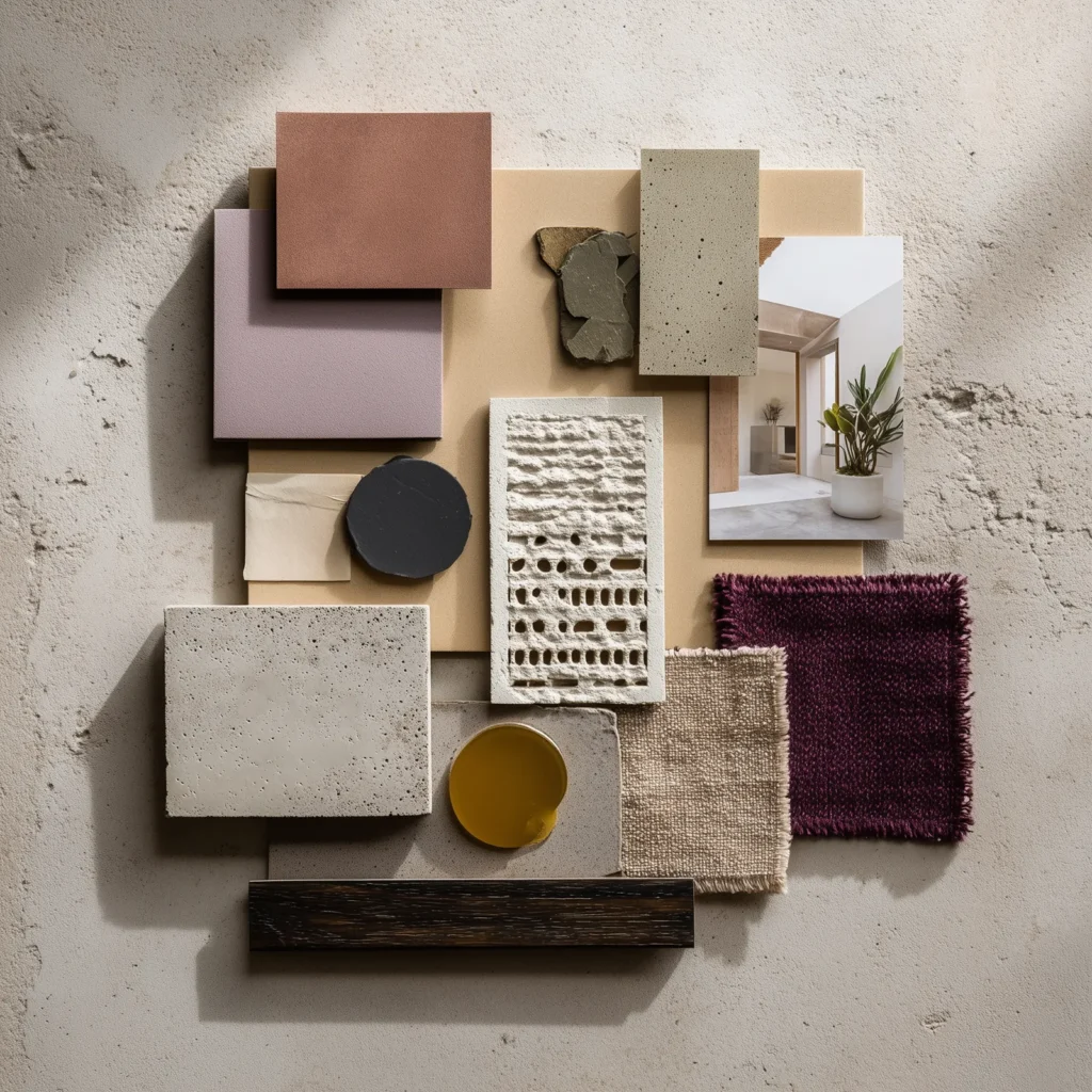Mod Mirage Palm Springs color palette featuring desert modern neutrals, muted mauve and clay tones, warm beige stone, textured plaster, charcoal accents, woven textiles, and architectural materials arranged as a flat lay design study.