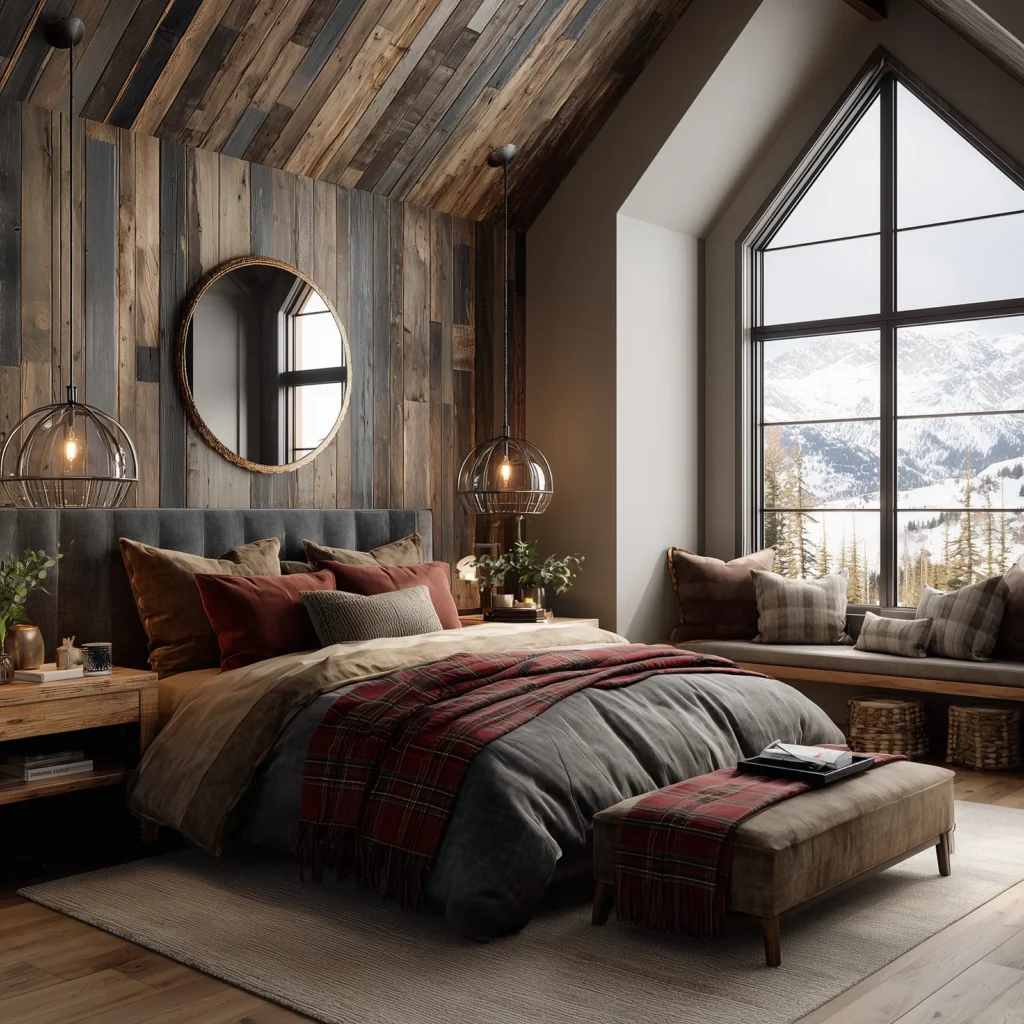 Modern alpine rustic earthy cottage bedroom with reclaimed wood accent wall, vaulted ceiling, large picture window overlooking snowy mountains, layered plaid bedding, warm lighting, and a built-in window seat for a cozy mountain retreat feel.