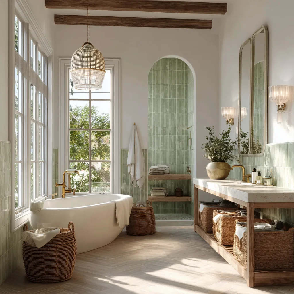 Bright modern cottage bathroom with arched shower tiled in soft green zellige tiles, freestanding white bathtub beside tall windows, wood vanity with woven baskets, and brass fixtures under beamed ceiling.