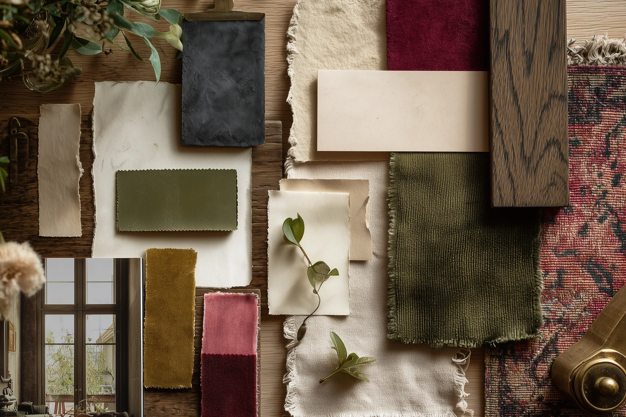 Modern cottagecore color palette featuring layered earthy greens, warm neutrals, soft burgundy accents, and natural textures including linen, wool, aged wood, and brass, styled as an interior design mood board.