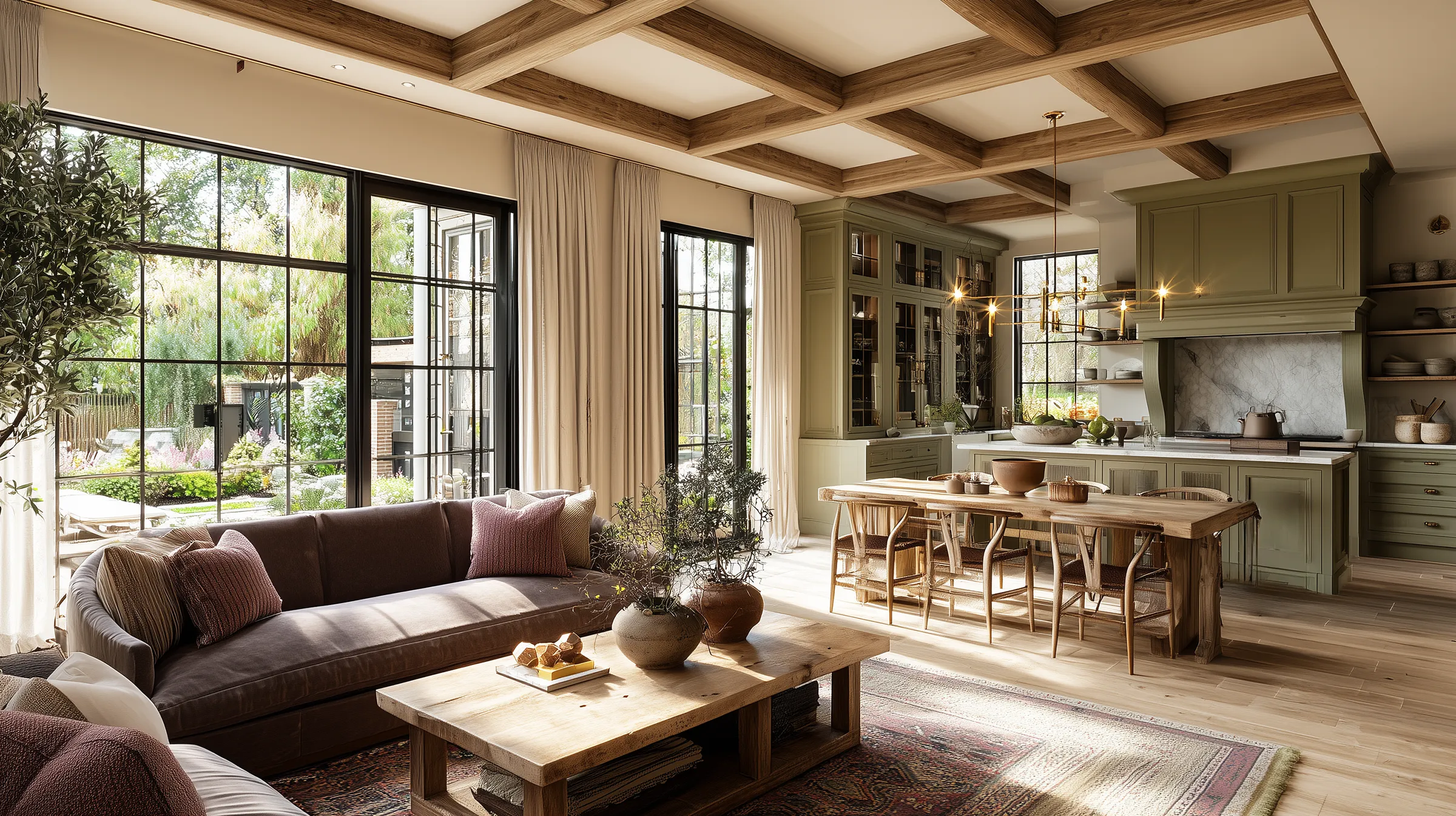 Modern cottagecore living room and kitchen with exposed wood beam ceiling, olive green cabinetry, a rustic farmhouse dining table, curved upholstered sofa in warm neutrals, black steel grid windows, layered natural textiles, and soft daylight connecting indoor and garden views.