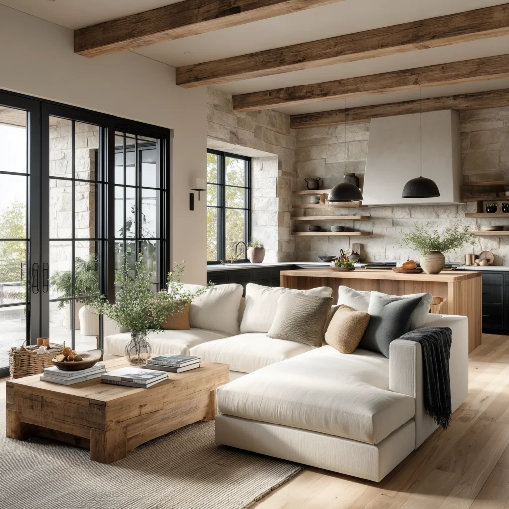 Modern farmhouse living room with open kitchen, exposed wood ceiling beams, stone walls, and large black-framed windows. A white sectional sofa with neutral throw pillows and a rustic wood coffee table create a cozy, natural light-filled interior.