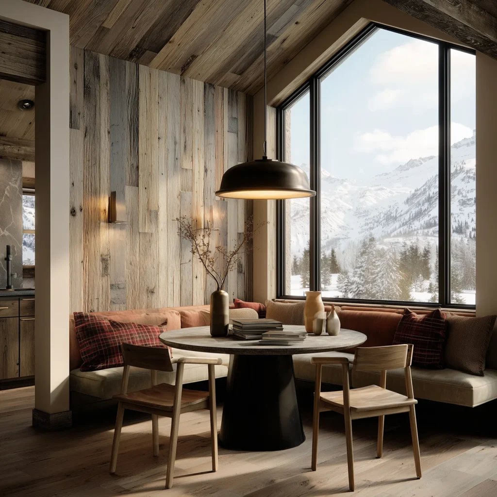 Modern mountain cabin dining nook with a round stone table, built-in bench seating, and large panoramic windows overlooking a snowy alpine landscape. Warm wood paneling, plaid pillows, and natural light create a cozy rustic atmosphere.