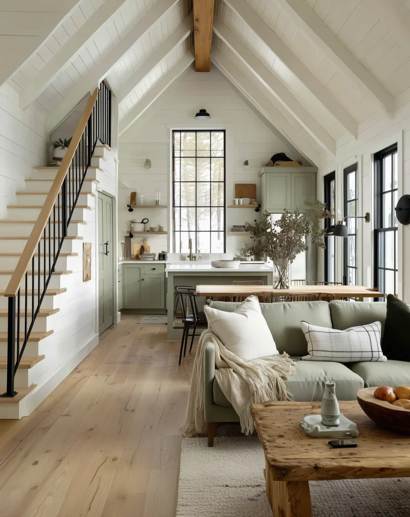 Modern organic cottage kitchen and living room with vaulted beadboard ceiling, sage green cabinetry, white shiplap walls, natural wood beams, cozy linen sofa, rustic coffee table, and soft natural light through black steel windows.