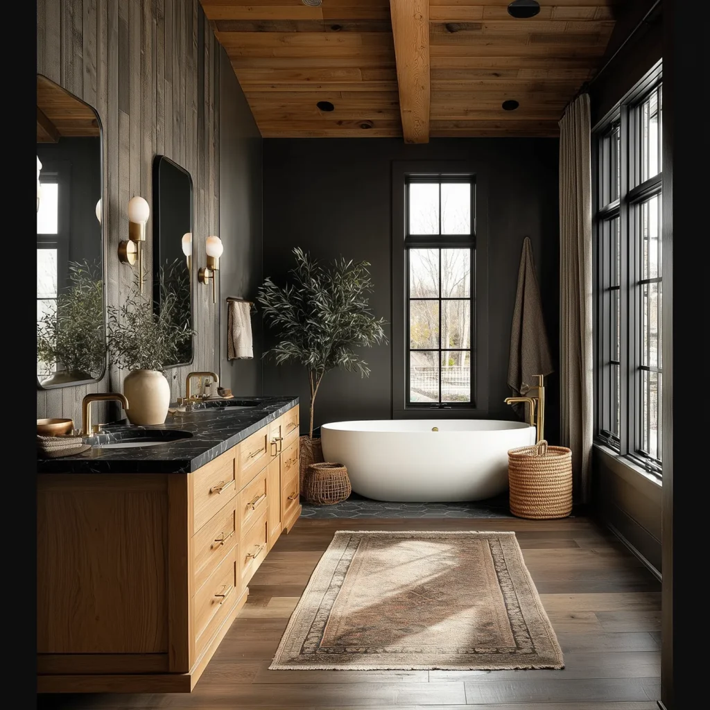 Modern organic earthy cottage bathroom with matte black walls, natural oak double vanity, black marble countertop, freestanding white tub, brass fixtures, vintage rug, and natural light through black steel windows