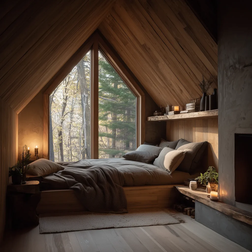 Modern organic earthy cottage bedroom with warm natural wood paneling, vaulted ceiling, open shelf with decor accessories, soft neutral bedding, large triangular picture window overlooking forest trees, layered textures, candles, and cozy organic styling with natural light.