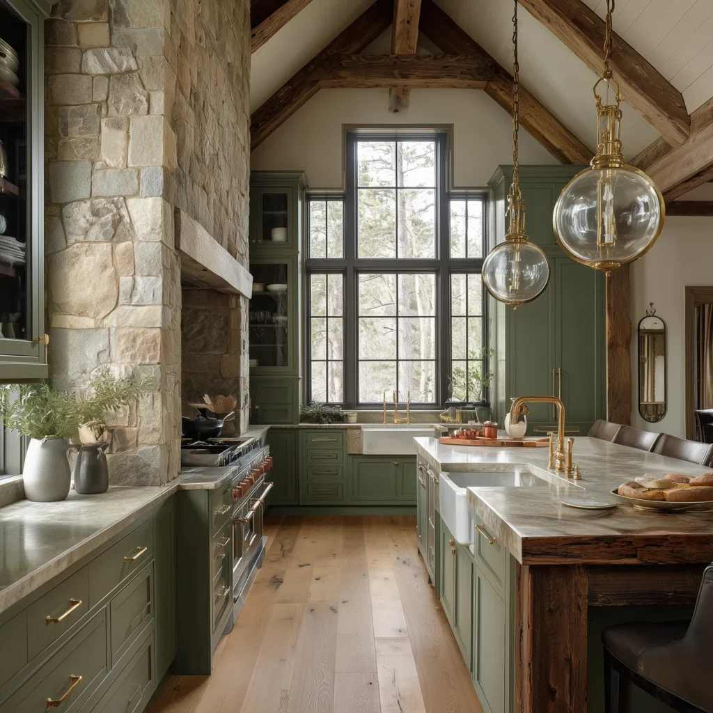 Modern organic earthy cottage kitchen with sage green cabinets, natural stone fireplace surround, vaulted wood beam ceiling, brass lighting, marble countertops, and warm natural textures throughout the space.