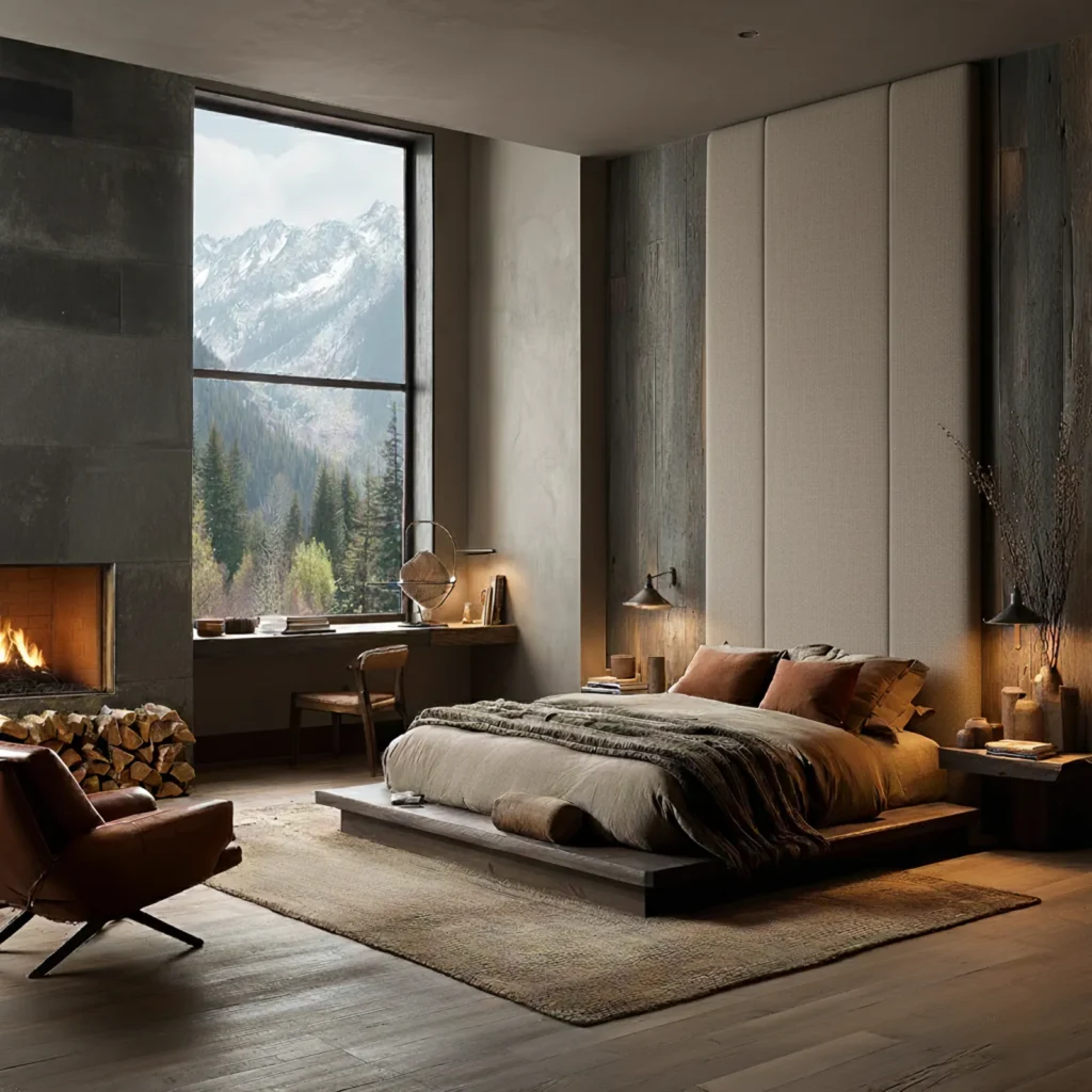 Modern rustic bedroom with an extra-tall upholstered headboard wall, floor-to-ceiling alpine views, warm earth-tone bedding, wood accents, and a minimalist platform bed beside a stone fireplace.