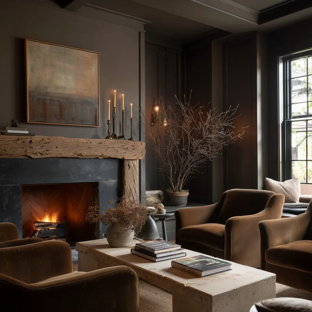 Moody earthy cottage living room with dark painted walls, rustic wood fireplace mantel, velvet armchairs, soft candlelight, modern artwork, and natural light from large black-trimmed windows.