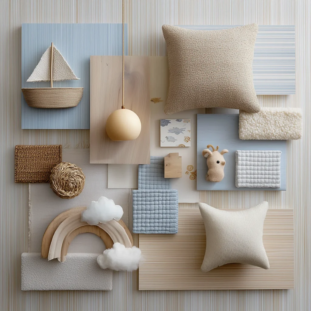 Nautical coastal nursery moodboard featuring a soft blue and warm beige color palette with woven sailboat wall art, a globe pendant light, boucle and linen throw pillows, quilted cotton textiles, pale wood accents, and plush nursery decor—designed to create a calm, modern coastal nursery aesthetic.
