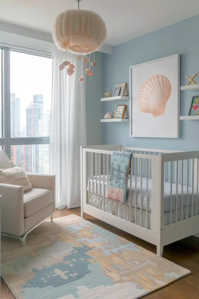 A modern blue coastal nursery with a white crib, seashell wall art, and a soft seashell mobile. The space features ocean-inspired hues, a patterned rug, and floating shelves with coastal decor like starfish and shells. Perfect inspiration for nautical nurseries, coastal baby rooms, and seashell-themed nursery design.