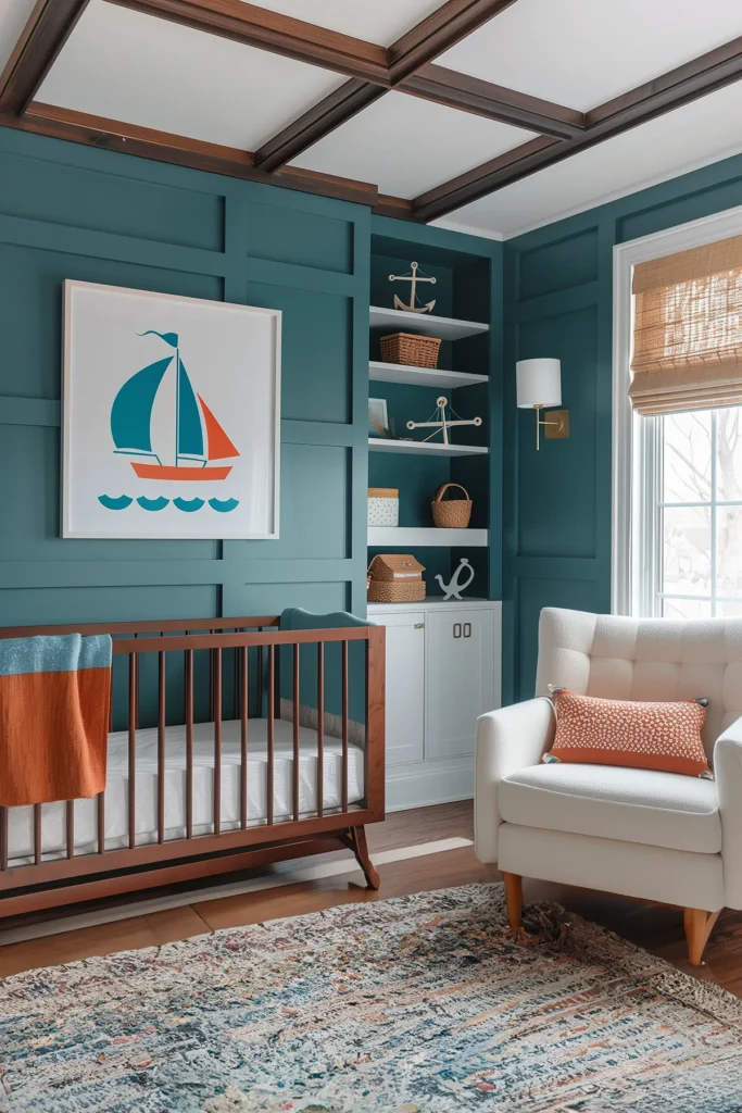 Preppy nautical nursery inspiration with teal paneled walls, bold sailboat art, rattan shades, mid-century wood crib, and coastal accents styled with woven baskets and brass lighting.