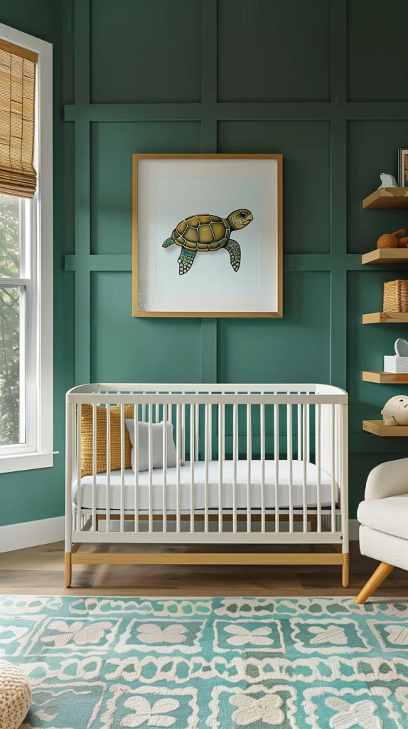 Modern nautical nursery with deep teal paneled walls, white crib, and sea turtle wall art. Coastal-inspired decor with woven textures, soft neutrals, and contemporary design elements featured in a modern nautical nursery blog post.