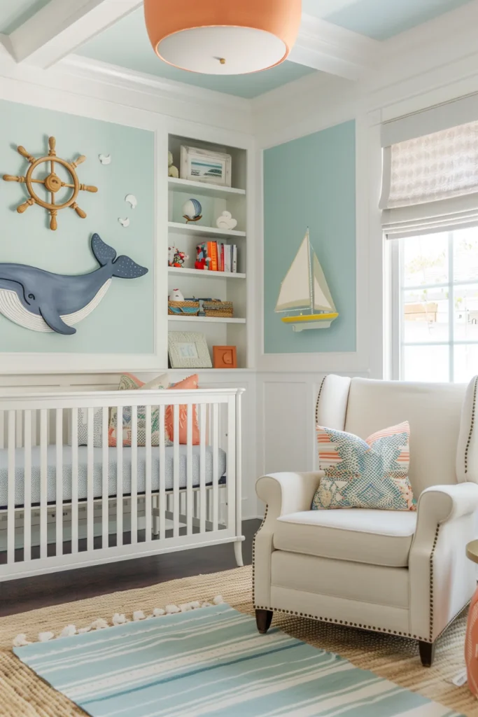 Coastal nautical nursery with marine life accents featuring a whale wall art, wooden ship wheel, sailboat decor, white crib, cozy armchair with coastal pillows, and aqua blue walls. Nautical baby room inspiration with a modern coastal twist.