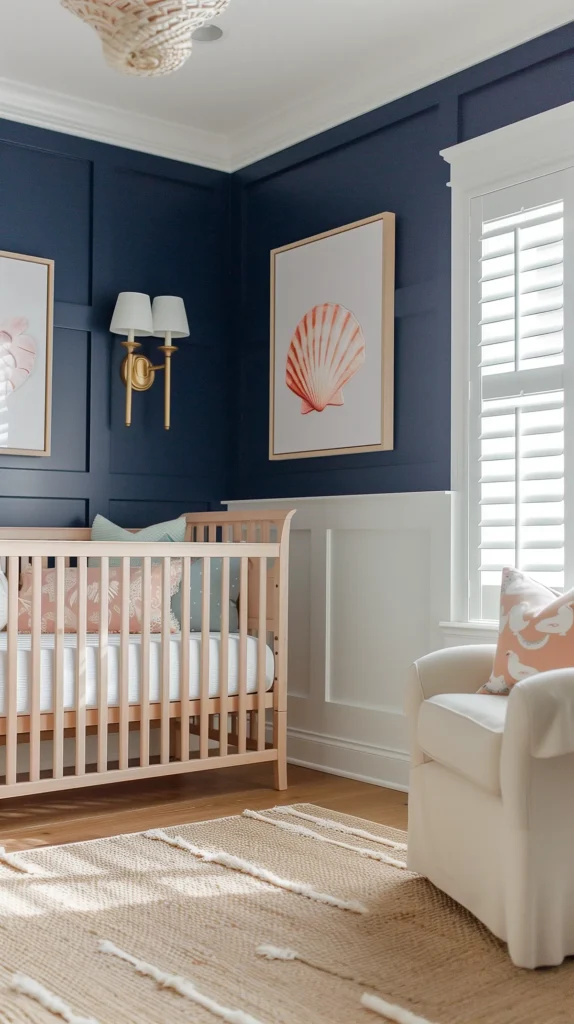 A modern coastal nursery with navy blue walls, blush seashell artwork, natural wood crib, woven rug, and a cozy armchair with seashell pillows. The nautical-inspired baby room combines deep navy tones with soft blush and coral accents, creating a chic coastal look. Perfect seashell nursery inspiration for families designing a nautical baby room.