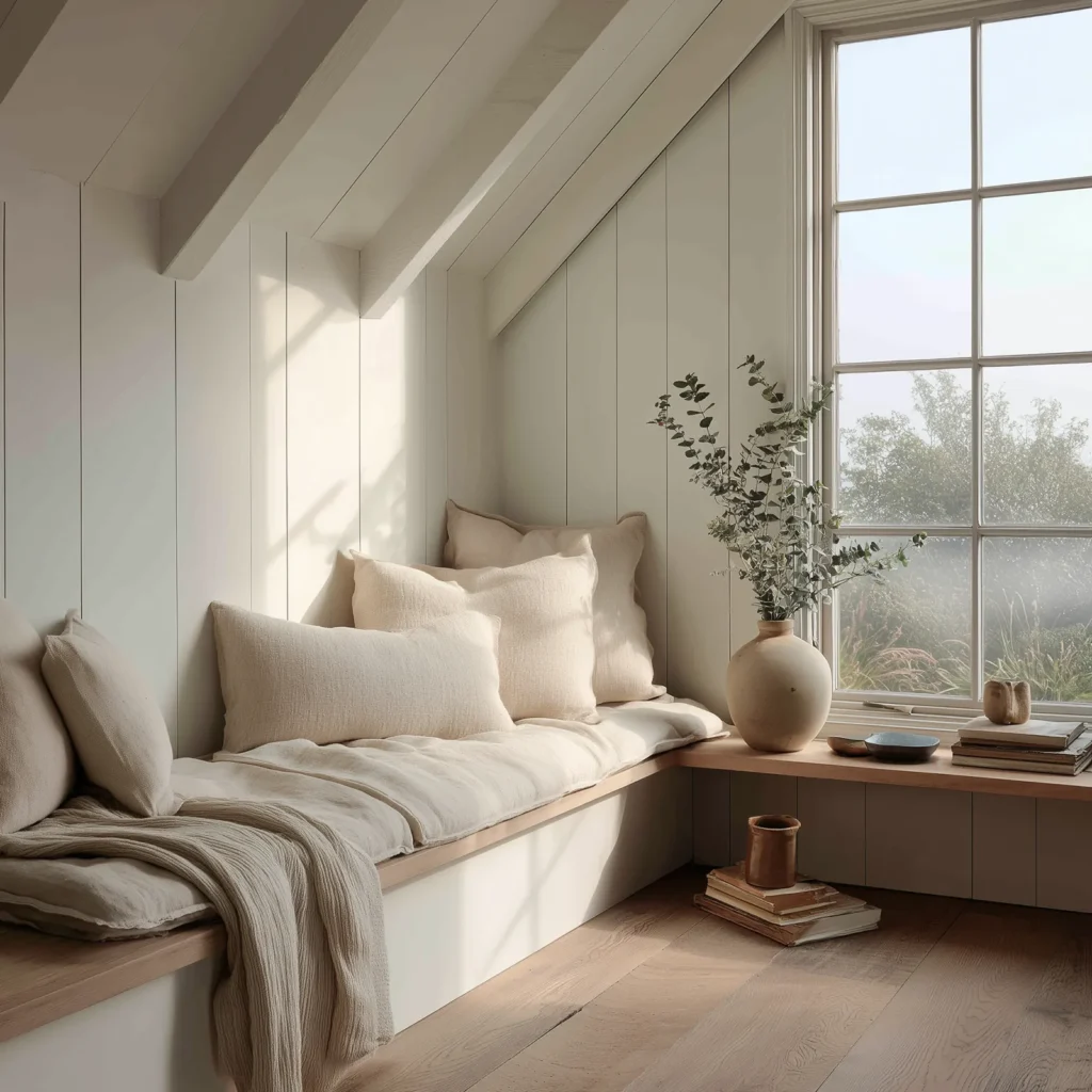 Bright and cozy cottagecore window seat with soft neutral cushions, wood floors, and minimalist décor in a sunlit attic nook with shiplap walls and a large window overlooking greenery.