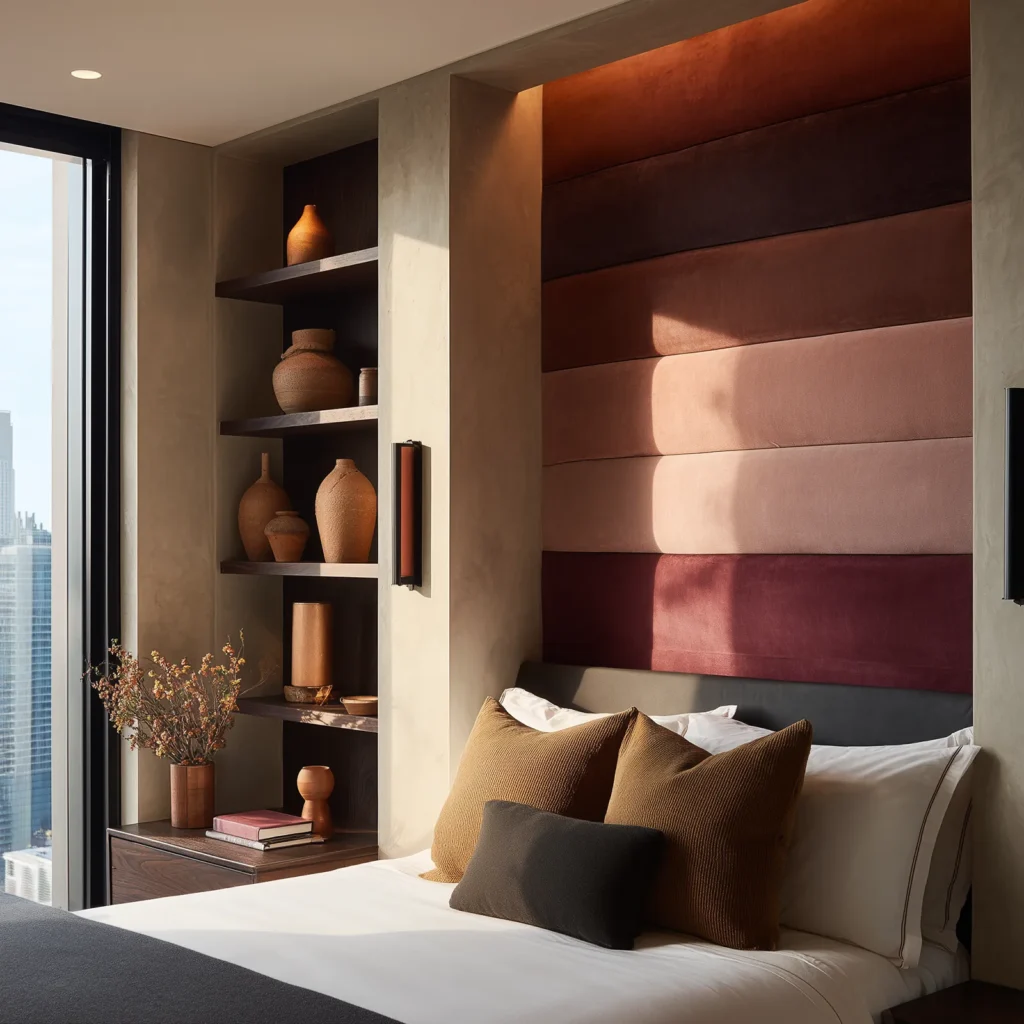 Modern bedroom with an ombré upholstered headboard wall featuring horizontal fabric panels that fade from deep burgundy to soft rose, styled with built-in shelves and earthy ceramic décor.