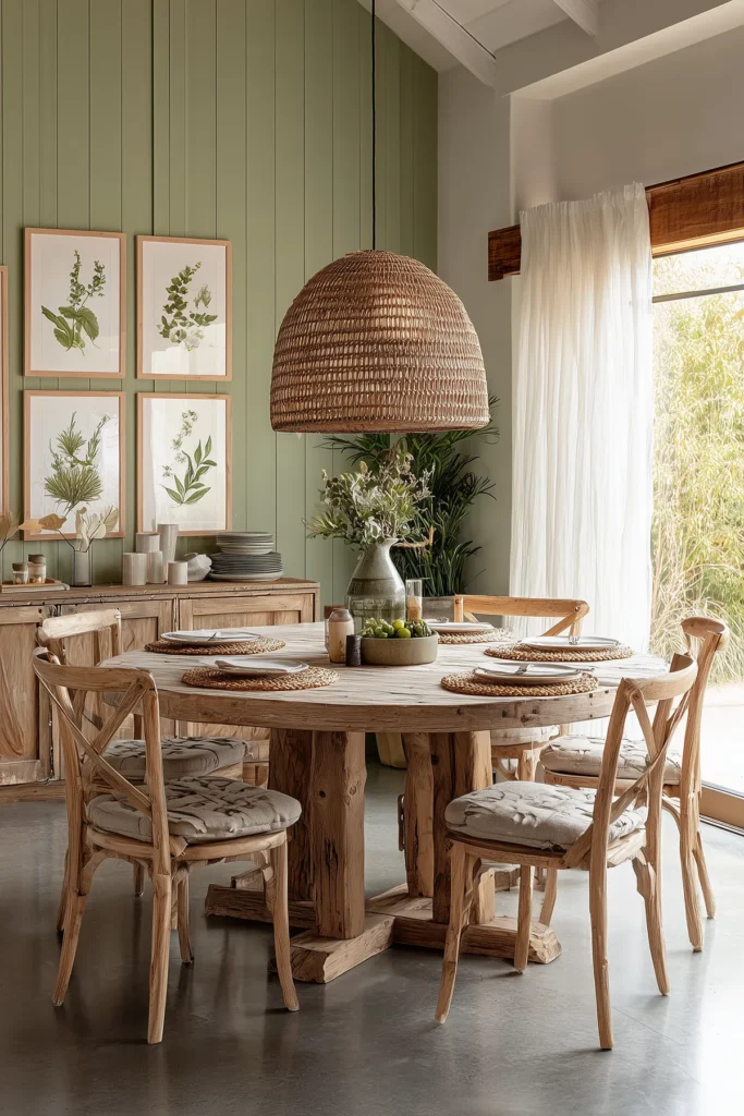 Earthy modern dining room with sage green wall paneling, a round natural wood table, woven rattan pendant light, and framed botanical art. Neutral textiles and soft natural light create a warm, organic atmosphere.