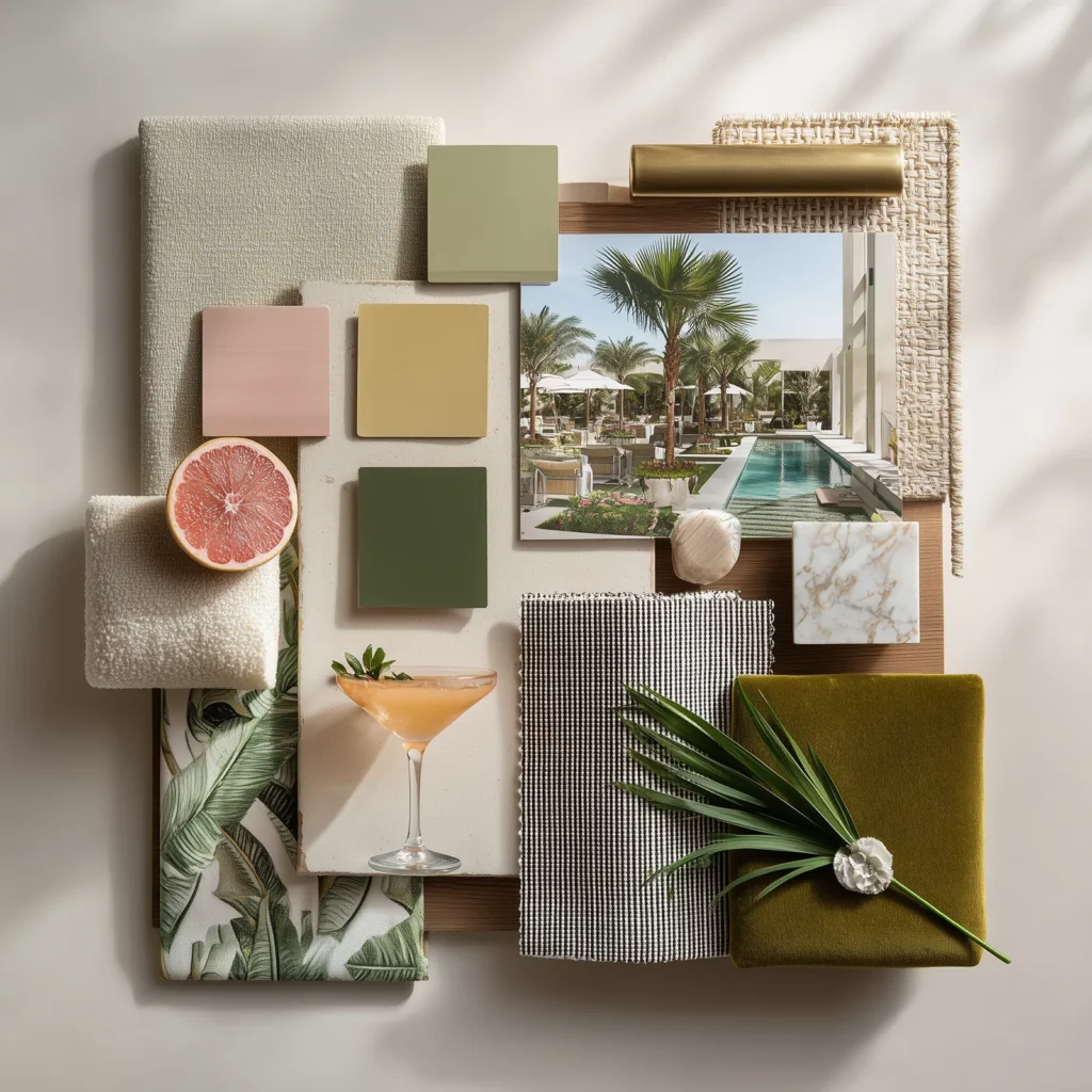 Palm Royale–inspired Palm Springs color palette with tennis club vibes, featuring soft blush, sage green, olive, warm neutrals, marble accents, woven textures, citrus details, and a resort pool scene styled as a refined desert modern flat lay.