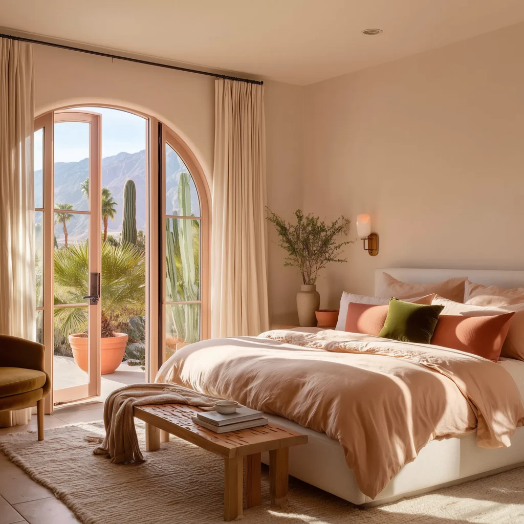Palm Springs bedroom color palette featuring a blush and peach layered bed with terracotta-toned pillows, an olive green accent cushion, cream boucle upholstered bed frame, light wood bench, neutral woven rug, arched glass doors with soft pink trim, sheer curtains, and potted cacti visible outside—an interior design example of warm Palm Springs color palettes.