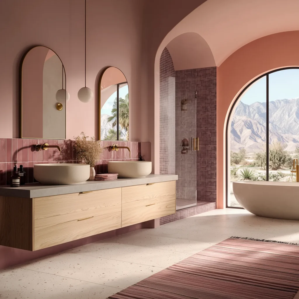 Palm Springs color palette bathroom featuring blush pink plaster walls, dusty rose vertical tile backsplash, a floating pale wood double vanity with integrated brass pulls, two off-white stone vessel sinks with wall-mounted brass faucets, arched mirrors with brass trim, a walk-in shower lined in mauve mosaic tile, a sculptural white freestanding bathtub, terrazzo-style flooring, and a large arched window framing palm trees and mountain views.