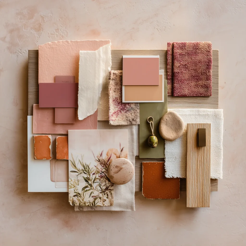 Palm Springs color palette flat lay featuring blush pink and clay paint swatches, terracotta tile samples, olive green accent card, raw wood planks, woven neutral textiles, natural stone objects, and botanical artwork—an earthy, warm interior design palette inspired by Palm Springs homes.