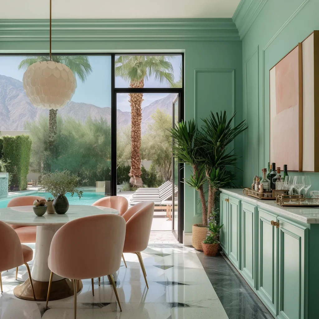 Palm Springs color palette interior featuring mint green paneled walls and built-in bar cabinetry, a white marble bar top with brass tray and glassware, blush pink velvet dining chairs with brass legs, a round white pedestal dining table, geometric marble tile flooring, a sculptural white pendant light, and indoor palms beside floor-to-ceiling glass doors opening to a pool with white lounge chairs and palm trees.