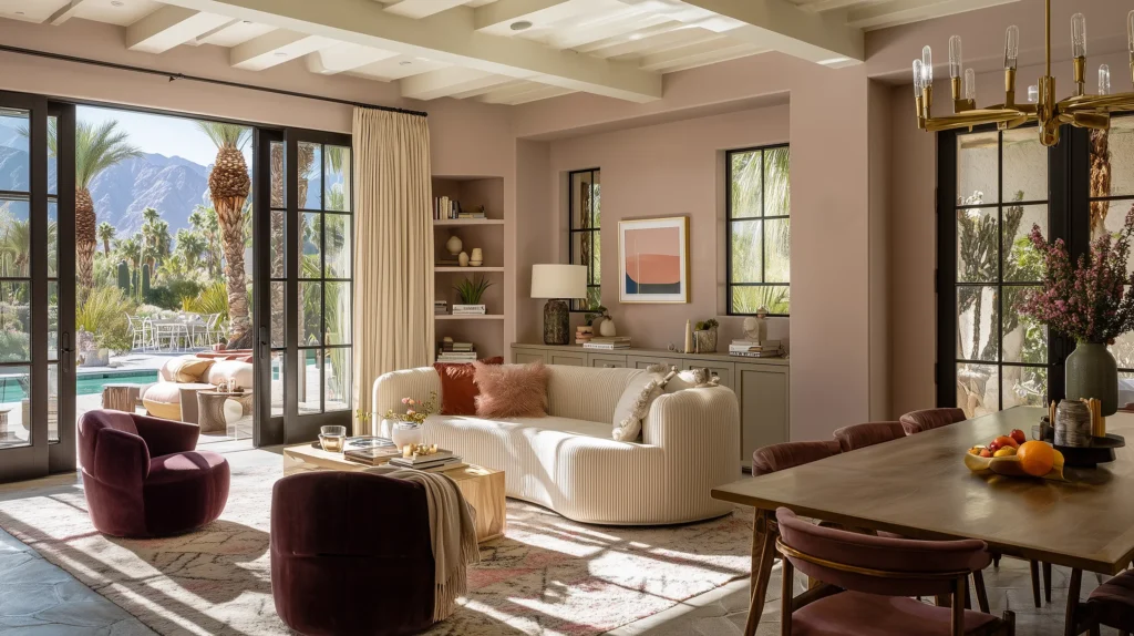 Palm Springs color palette contemporary living room with soft blush walls, sculptural neutral sofa, plum accent chairs, warm wood dining table, brass lighting, and floor-to-ceiling glass doors opening to palm trees and mountain views.