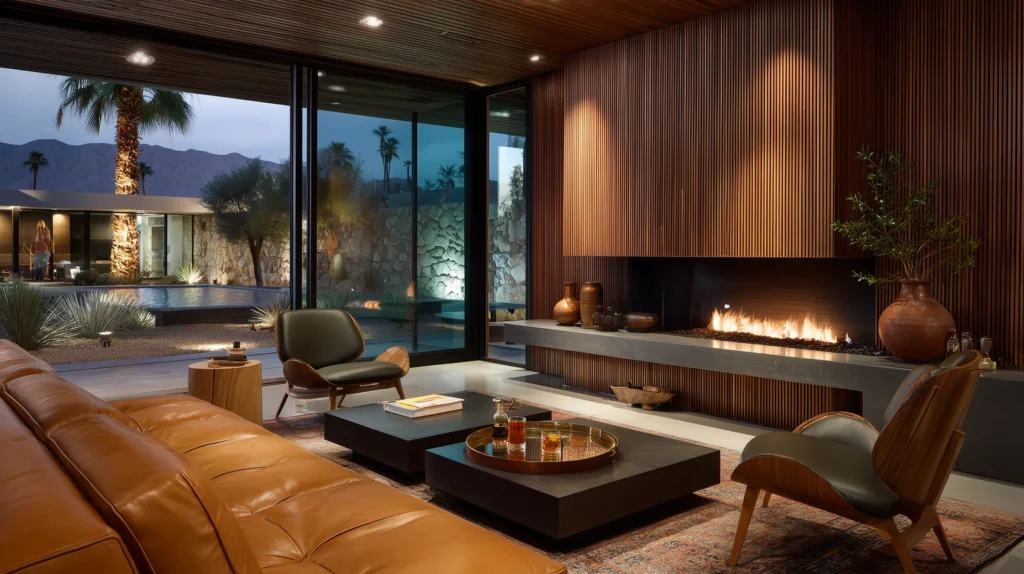 Palm Springs color palette interior featuring a caramel leather sofa, olive green lounge chairs with wood frames, walnut slat wall paneling, a linear concrete fireplace, black lacquer coffee tables, brass tray with cocktails, and floor-to-ceiling glass opening to a palm-lined courtyard and pool.