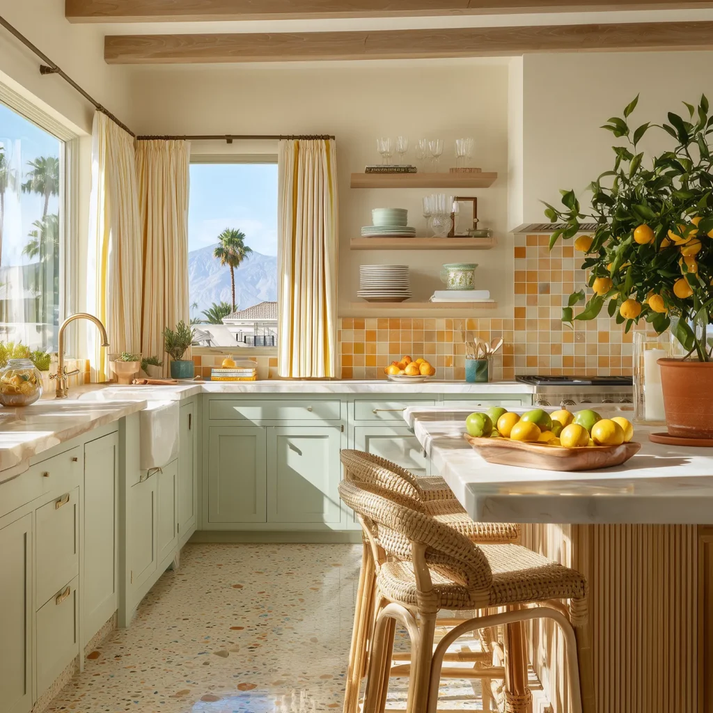 Palm Springs kitchen color palette featuring sage green lower cabinets, cream upper walls, pale yellow and ochre square tile backsplash, white marble countertops, brass gooseneck faucet, open wood shelving with glassware and ceramics, terrazzo tile flooring, woven rattan counter stools, a citrus tree with lemons, and a kitchen island styled with a bowl of lemons and limes, framed by a window view of palm trees and mountains.