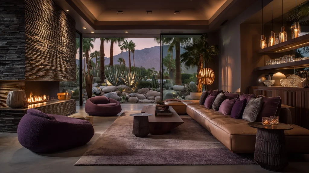 Palm Springs living room color palette featuring a caramel leather sectional sofa with deep plum accent pillows, sculptural plum boucle lounge chairs, charcoal stone fireplace wall, low black coffee tables, textured area rug in muted mauve tones, built-in bar shelving with glassware and warm accent lighting, and floor-to-ceiling glass doors opening to palm trees and desert landscaping at dusk.