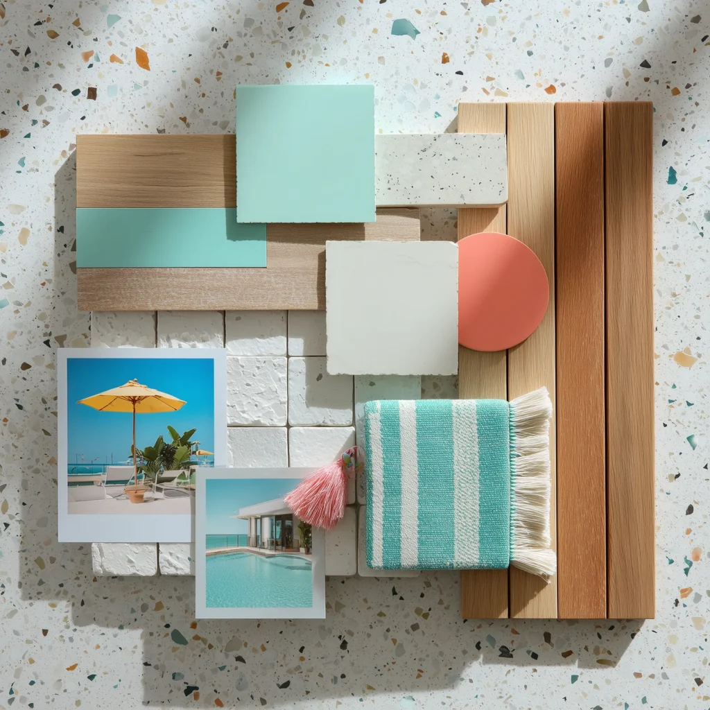 Palm Springs pastel desert modern color palette featuring terrazzo flooring, light oak wood, soft mint and aqua tones, warm white stone, coral accents, and striped textiles styled as a flat lay material and color study.