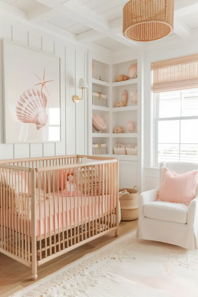A blush pink coastal nursery with a natural wood crib, seashell wall art, woven baskets, and rattan light fixture. The baby room features coastal-inspired details like seashells and starfish on display, layered textures, and soft pastel tones. Perfect inspiration for a nautical nursery, seashell baby girl room, or coastal baby room design.