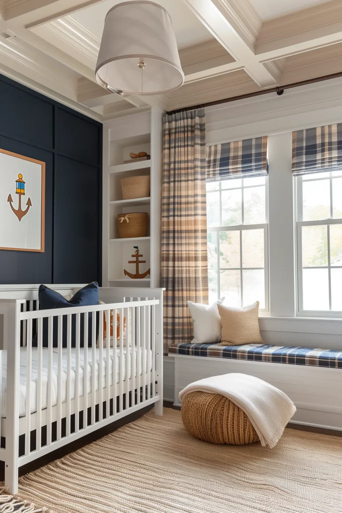 Coastal nautical nursery interior design with navy blue accent wall, plaid curtains, and matching window seat cushion. White crib with navy throw pillow, natural woven rug, wicker pouf with blanket, and anchor artwork create a chic preppy nautical home decor style for a baby’s room.