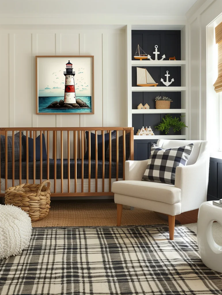 Coastal nautical nursery interior design featuring a wooden crib with navy plaid bedding, white armchair with plaid pillow, and bold plaid rug. Built-in shelves with sailboat models, anchor decor, and woven baskets add seaside charm. Framed lighthouse artwork completes the preppy nautical baby room home decor look.